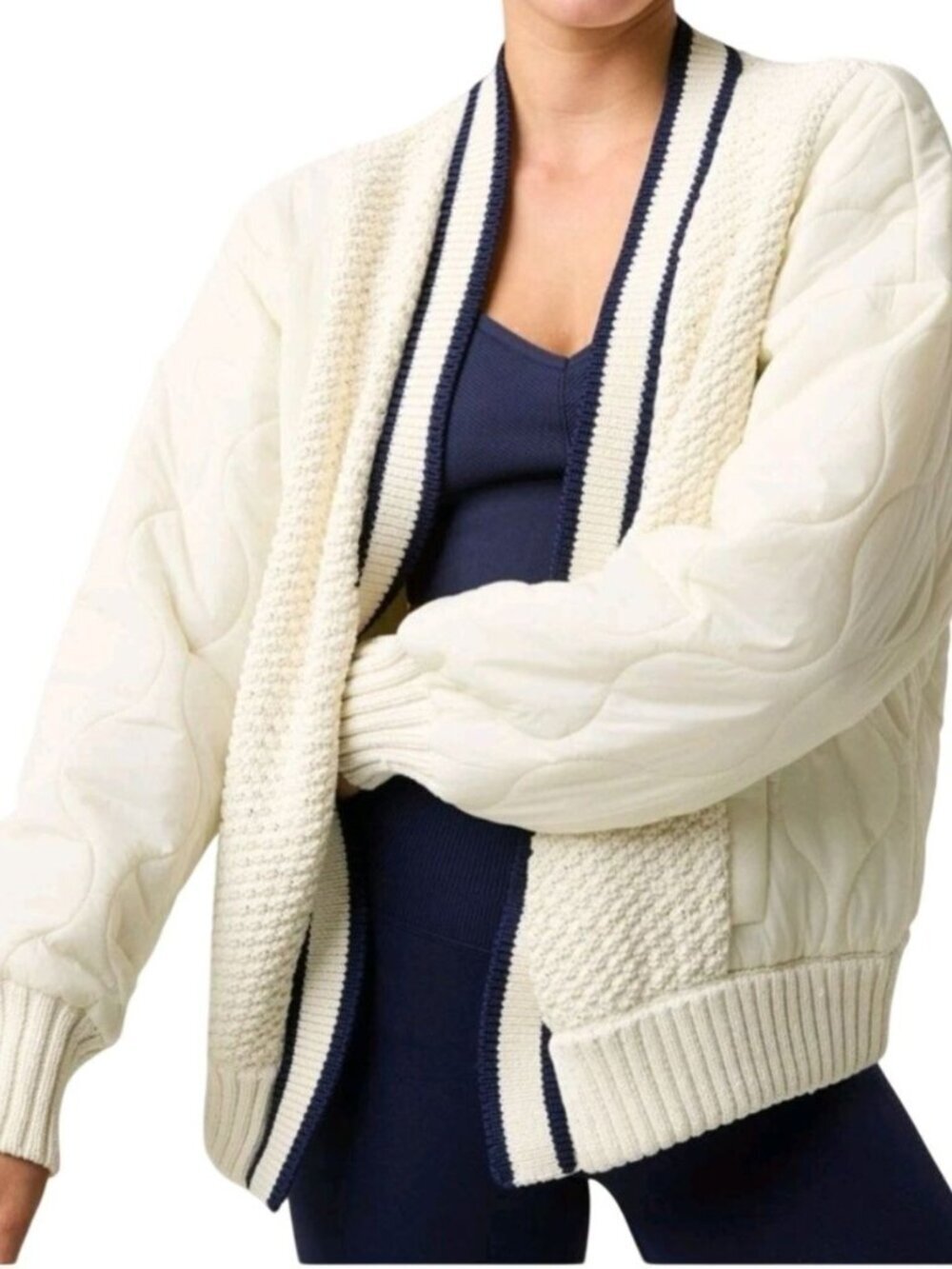 Aerie Offline NWT Quilted Cardigan Cream Navy Oversized Sweater 2024 Size S